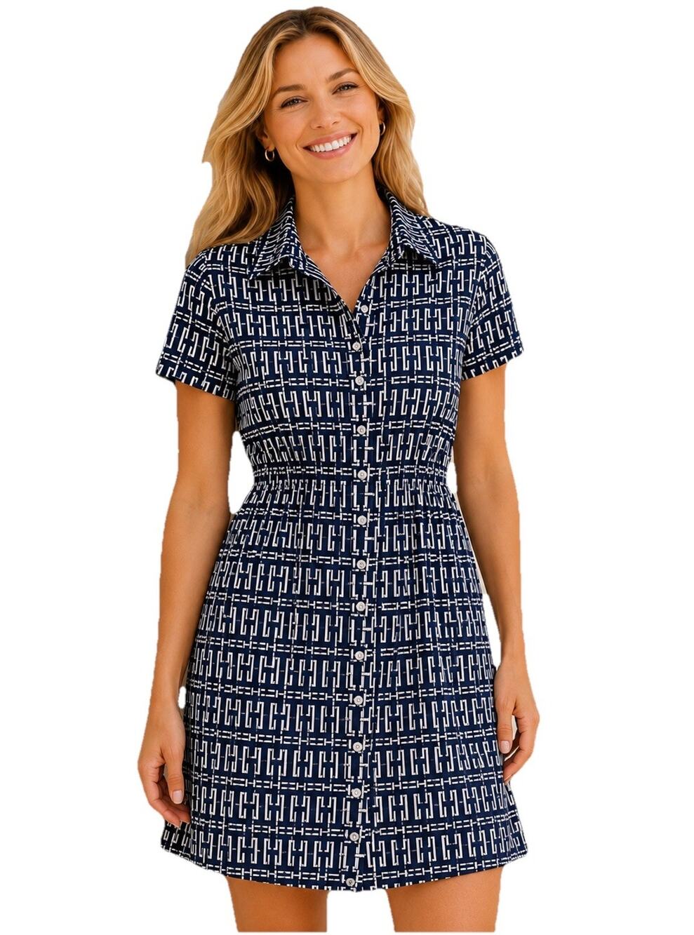 Alice NYC Dizzy Lizzie Shirt Dress Women's Size L Cotton Stretch Gathered Navy